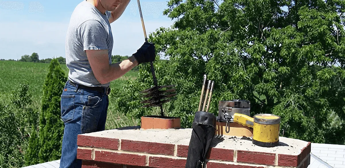 Chimney cleaning technician working on a rooftop chimney with professional tools in Seattle, WA