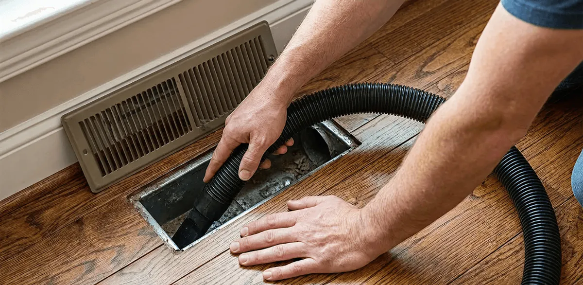 Air duct cleaning technician vacuuming a floor register and duct opening in Seattle, WA