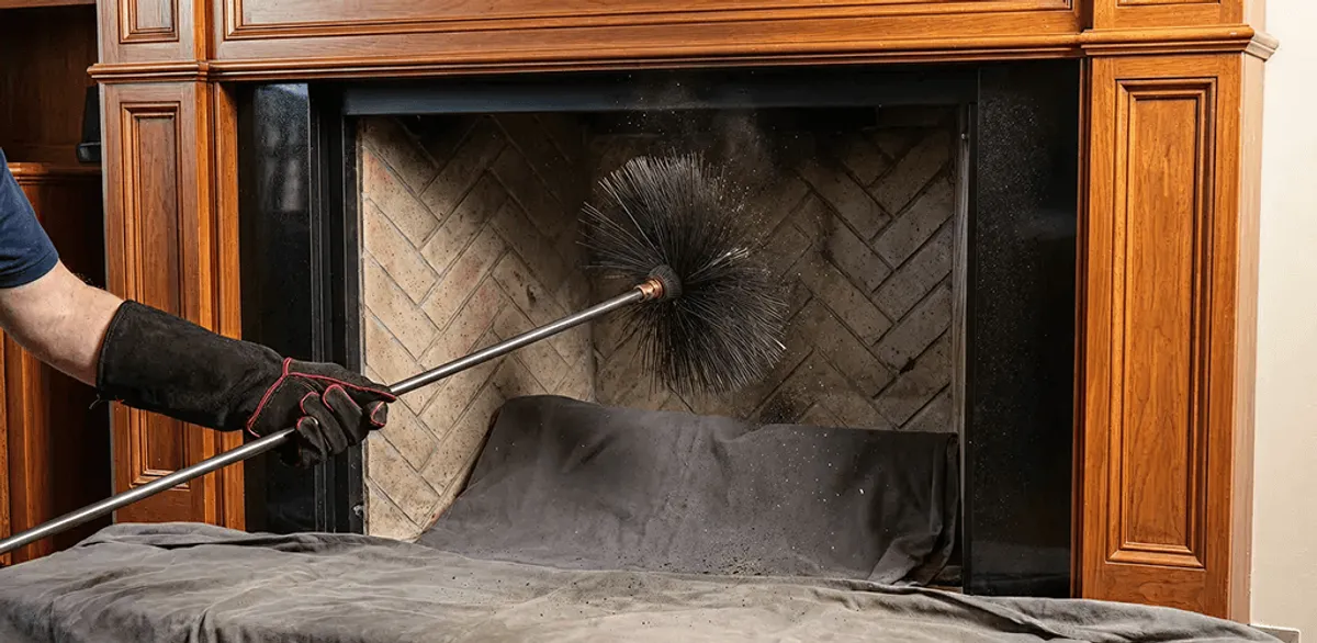 Chimney cleaning service brushing soot from a fireplace and flue in Seattle, WA