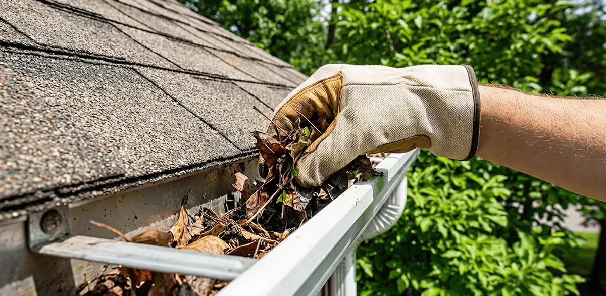 Gutter cleaning removing leaves and debris from roof gutters in Seattle, WA