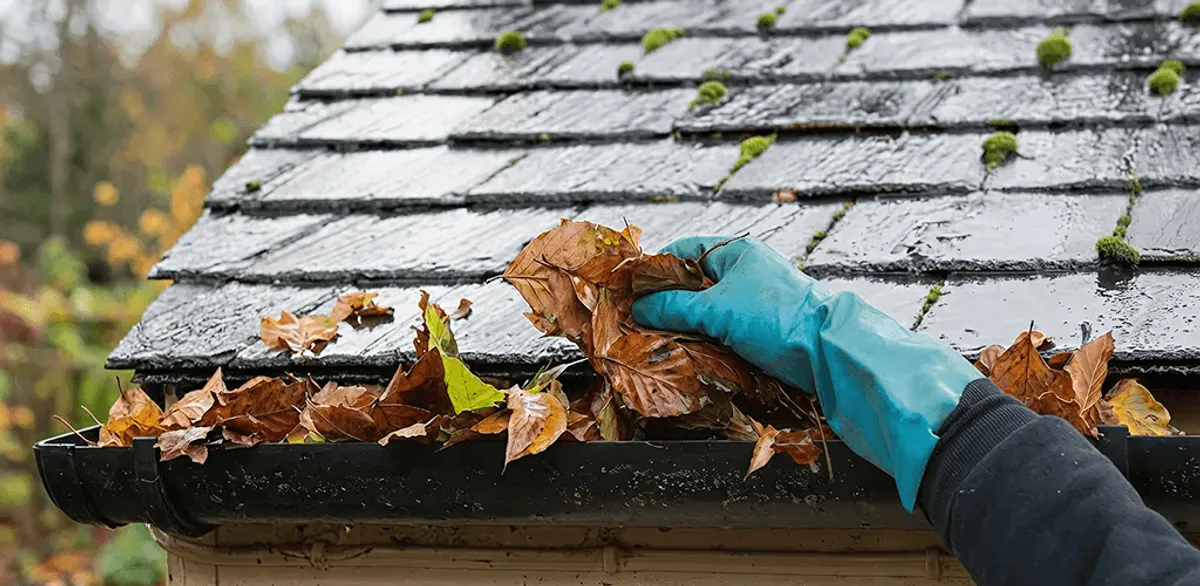 Gutter cleaning technician clearing wet leaves from roof gutters in Seattle, WA
