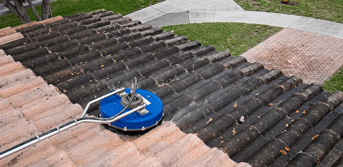 Roof pressure cleaning removing debris and buildup from roof tiles in Seattle, WA