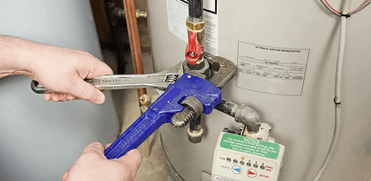 Water heater repair technician tightening the shutoff valve and supply line in Seattle, WA